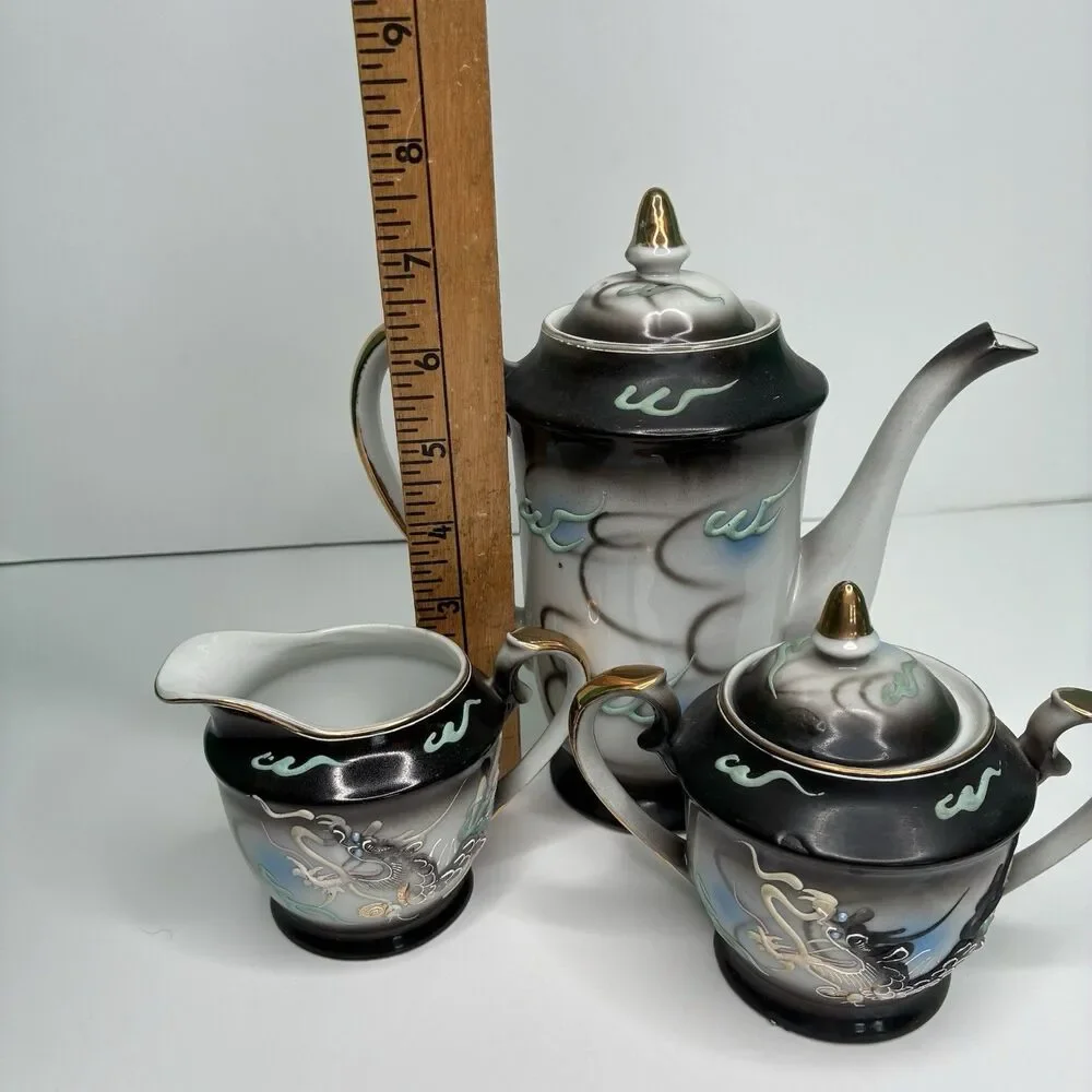 Dragonware Japan Moriage Lithophane Black Gray Blue Tea Pot Creamer Sugar Set